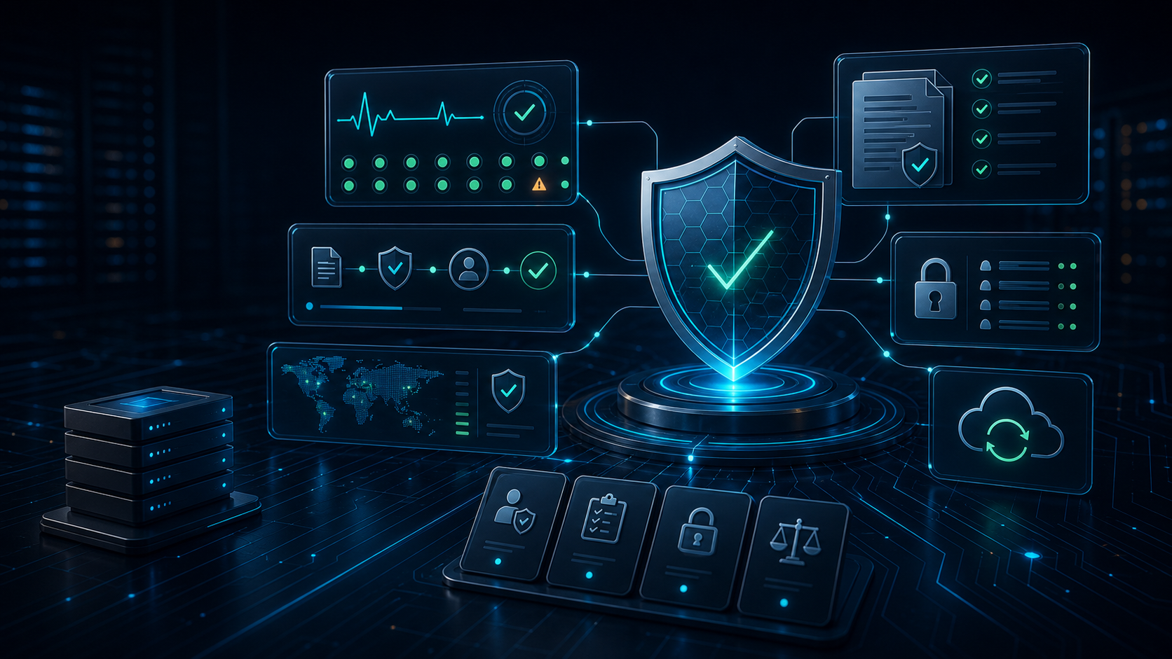 HorizonShield terms and service controls represented as a secured compliance workspace
