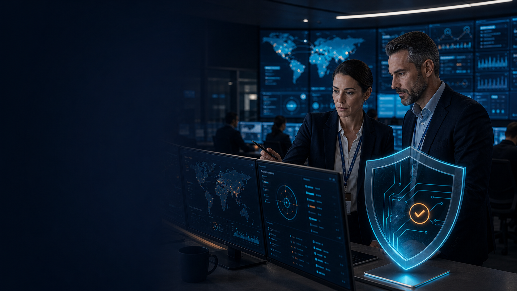 HorizonShield analysts reviewing a protected business network